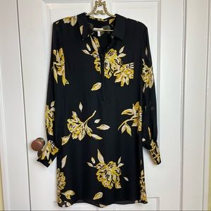 Joie Amaranda Dress Black Yellow Floral Button Down Silk Long Sleeve Medium